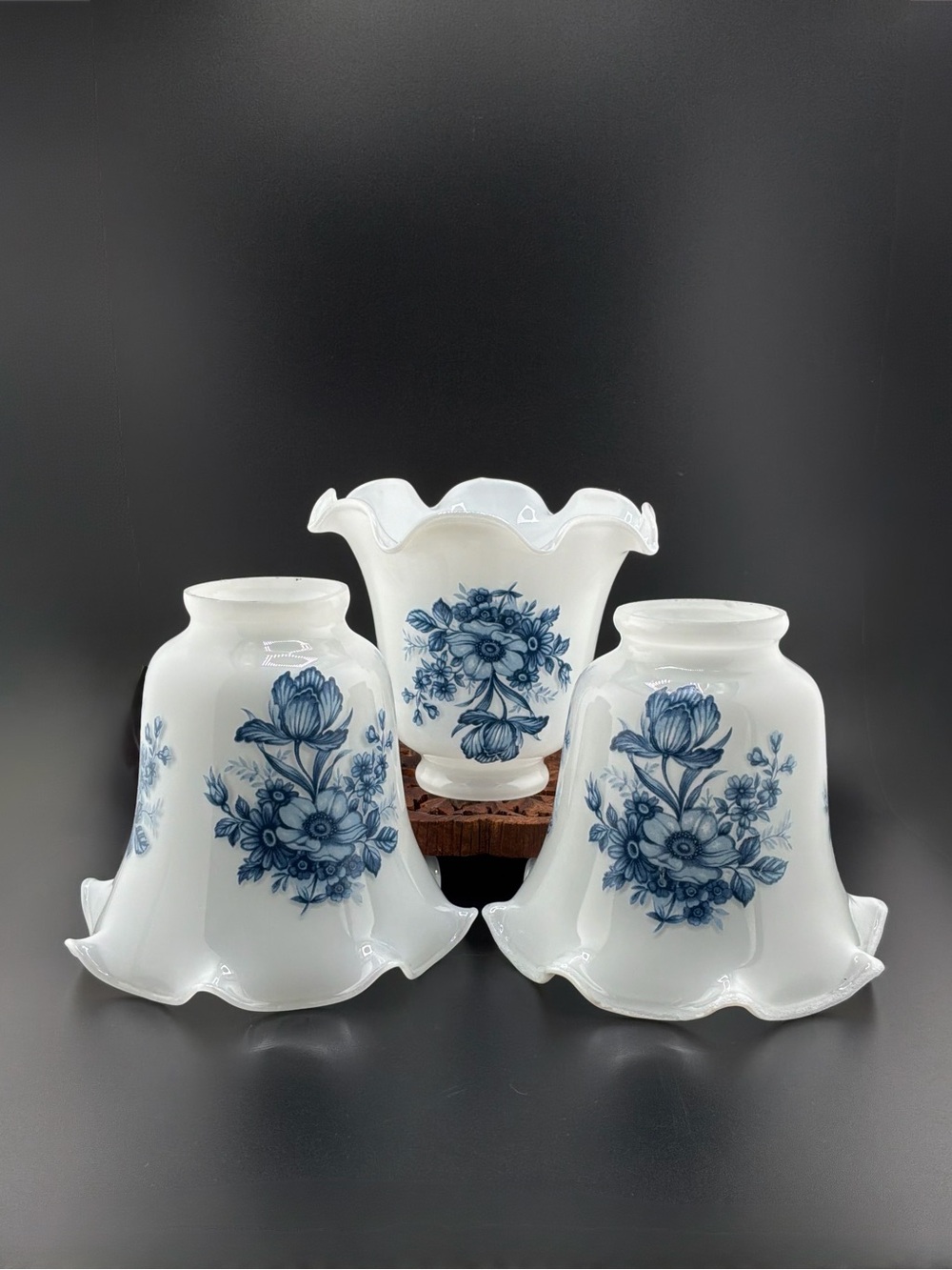 Blue Floral Ruffled Milk Glass Shades - Set of 3